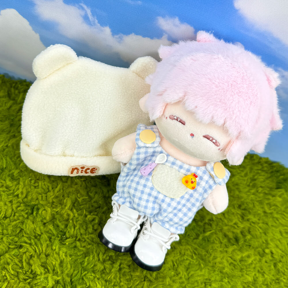 10cm Plush Doll Bear-Ear Beanie & Gingham Overalls 2-Pc | niannyyhouse