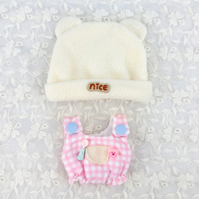 10cm Plush Doll Bear-Ear Beanie & Gingham Overalls 2-Pc
