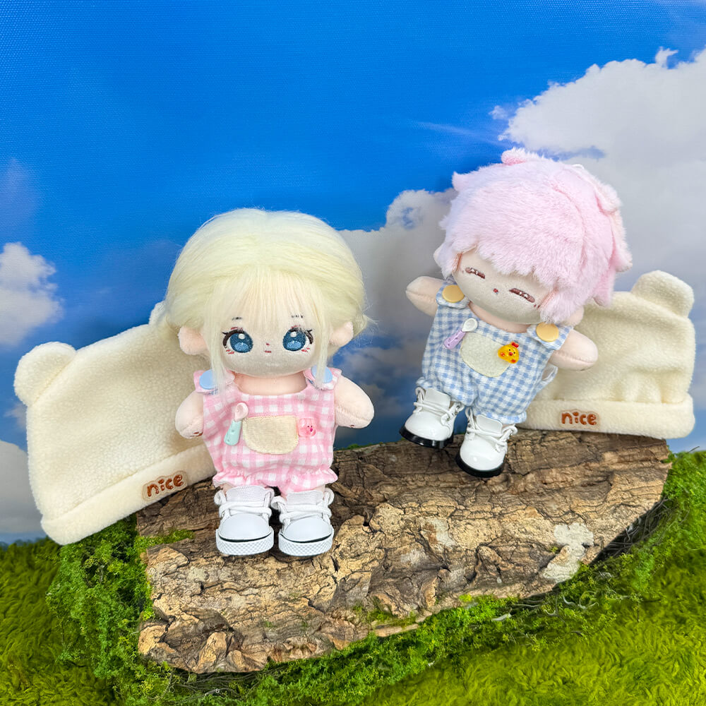 10cm Plush Doll Bear-Ear Beanie & Gingham Overalls 2-Pc | niannyyhouse