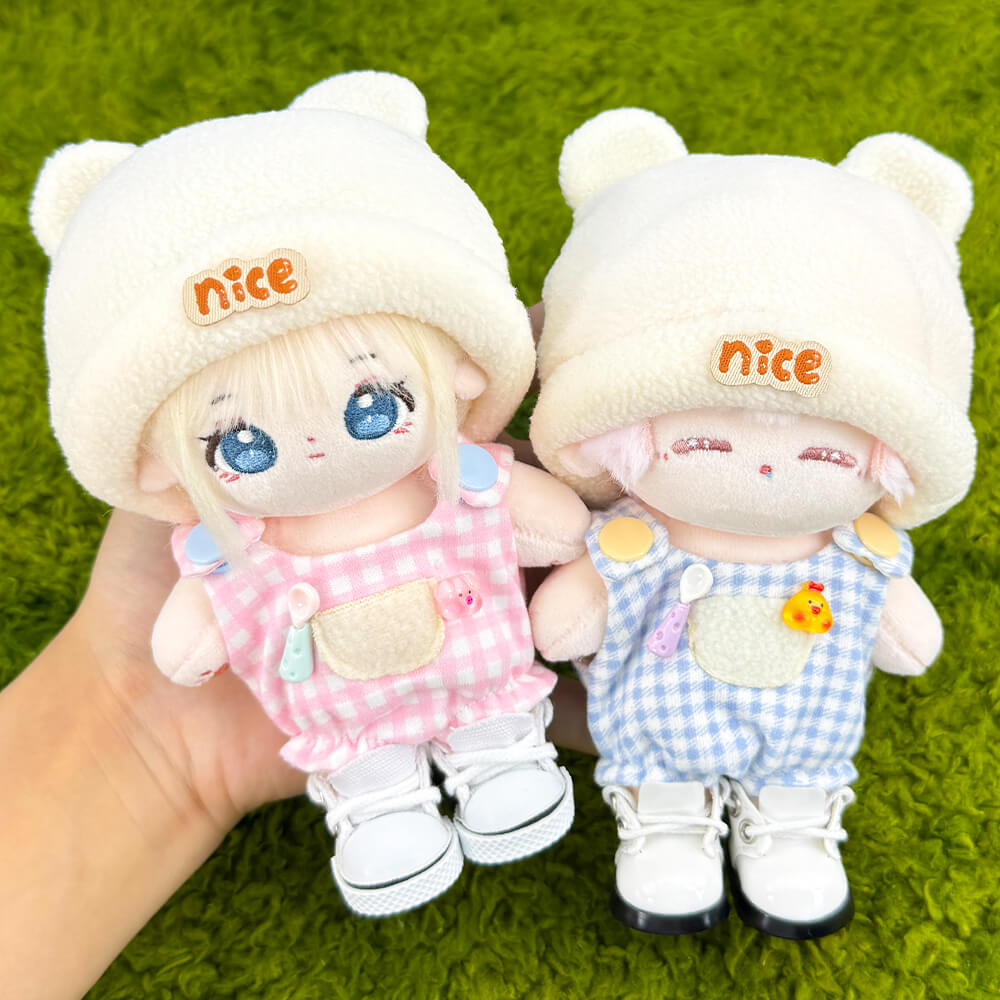 10cm Plush Doll Bear-Ear Beanie & Gingham Overalls 2-Pc | niannyyhouse