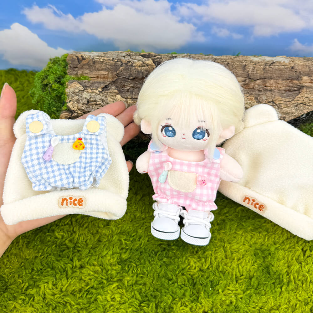 10cm Plush Doll Bear-Ear Beanie & Gingham Overalls 2-Pc | niannyyhouse