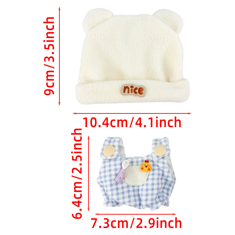10cm Plush Doll Bear-Ear Beanie & Gingham Overalls 2-Pc | niannyyhouse