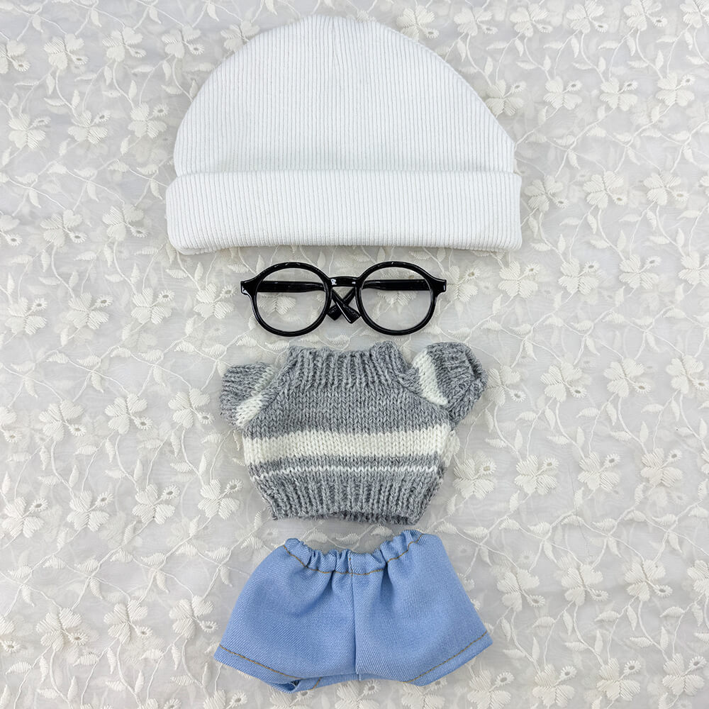 20cm Plush Doll Cable Knit Sweater, Beanie & Glasses 4-Pc | niannyyhouse