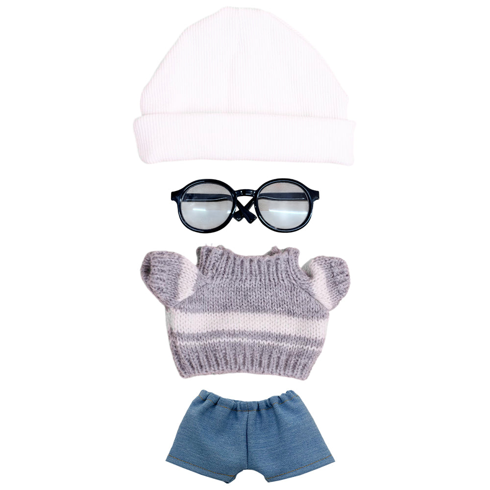 20cm Plush Doll Cable Knit Sweater, Beanie & Glasses 4-Pc | niannyyhouse
