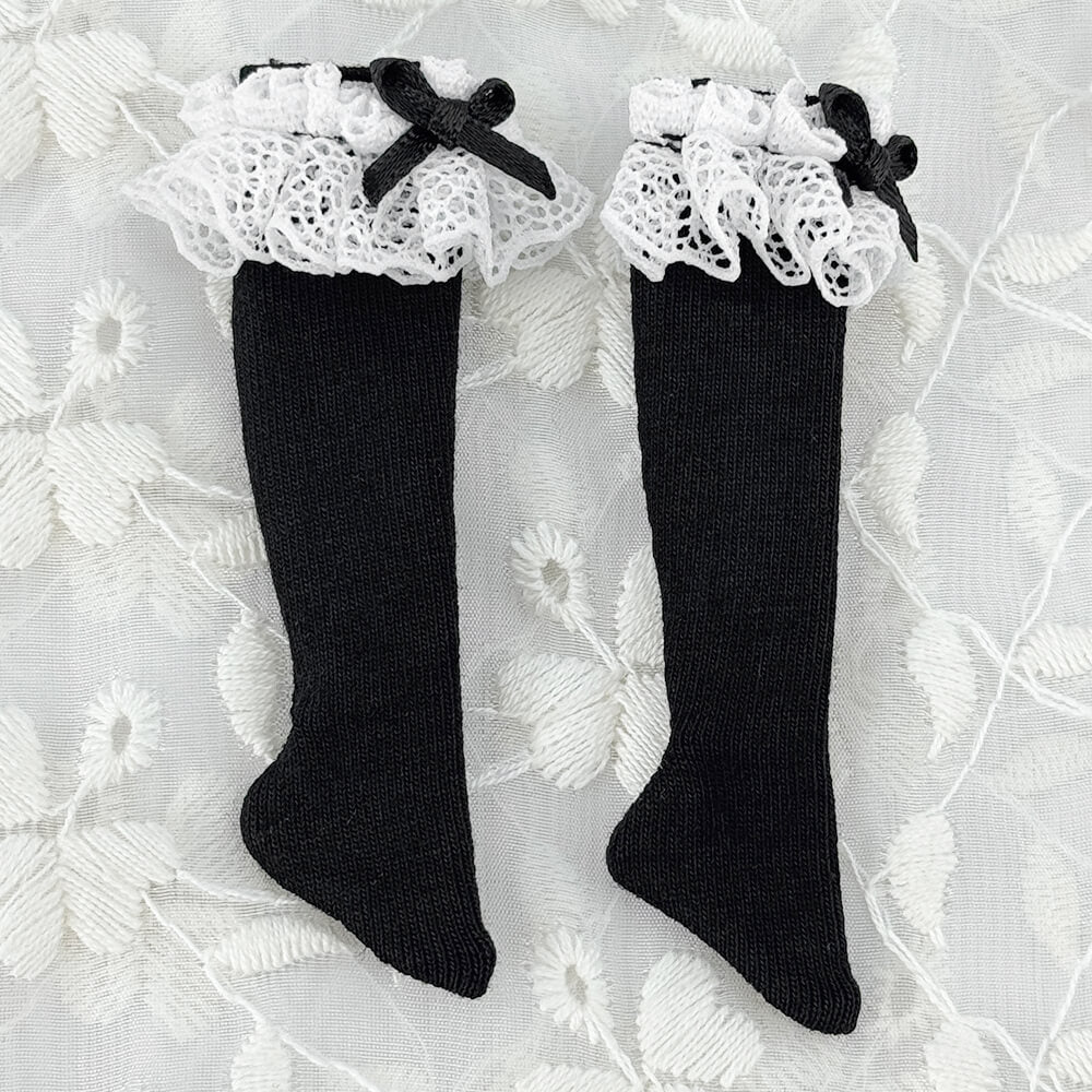 niannyyhouse OB22 OB24 Doll Lace Bow Socks 2-Pair Set (Black & White) - Detail Showcase 10 | niannyyhouse