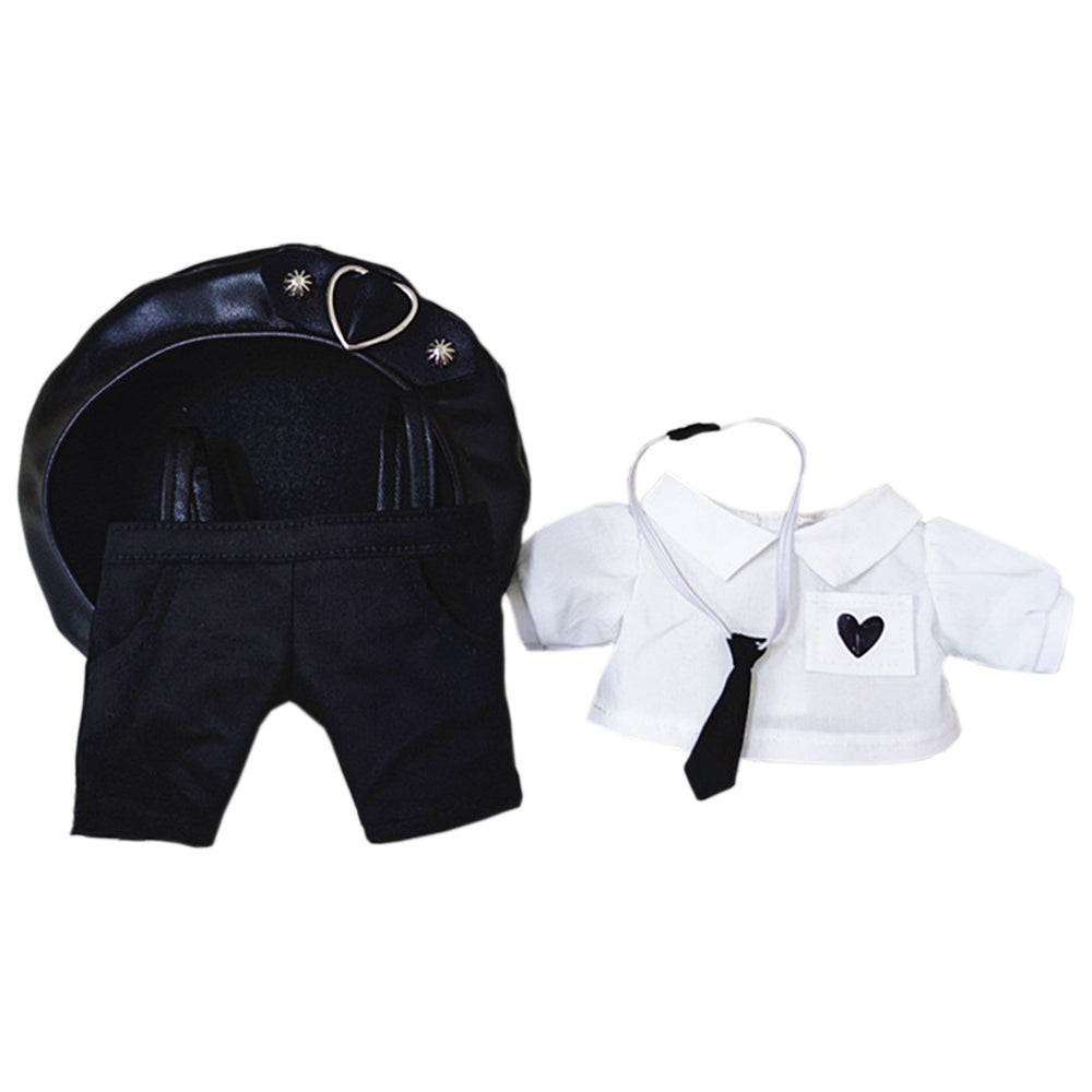 niannyyhouse Elasticity Cool Black Punk Suit Hat Ties Shirt Overalls Dress Up 8in(20cm) Plush Doll Clothes.