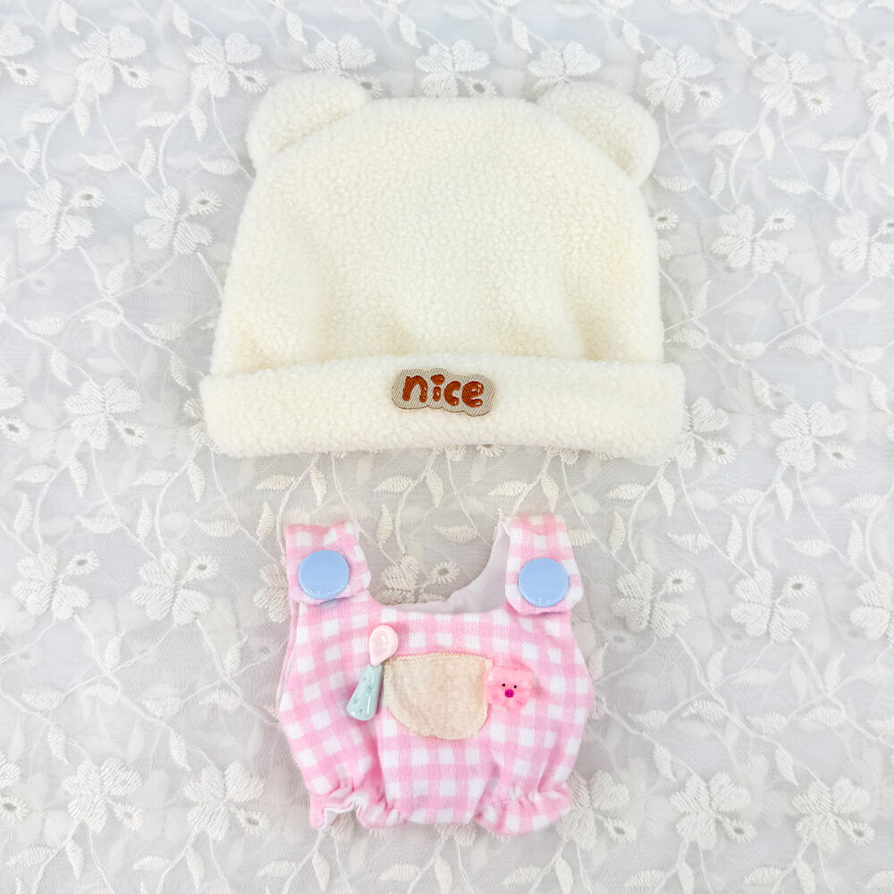 10cm Plush Doll Bear-Ear Beanie & Gingham Overalls 2-Pc | niannyyhouse