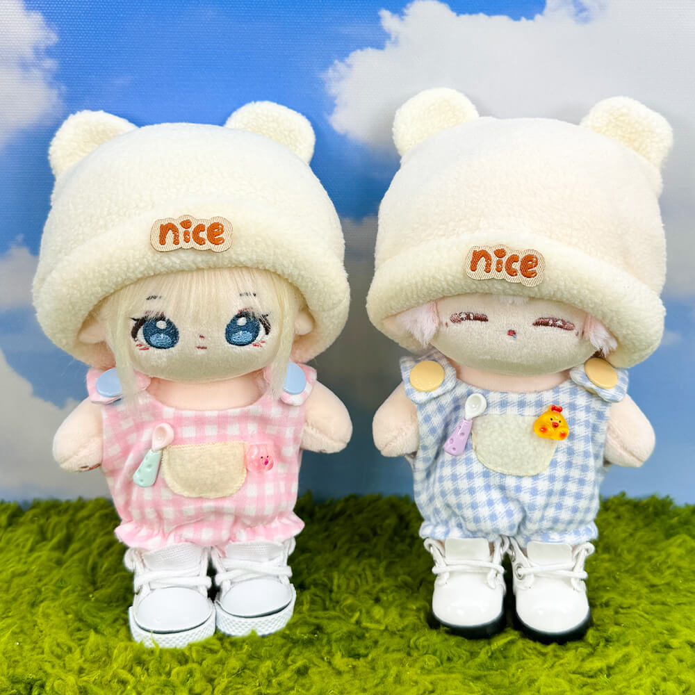 10cm Plush Doll Bear-Ear Beanie & Gingham Overalls 2-Pc | niannyyhouse