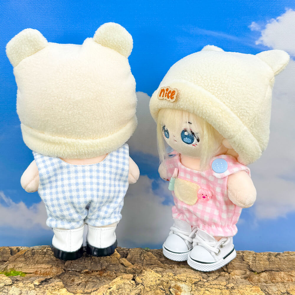 10cm Plush Doll Bear-Ear Beanie & Gingham Overalls 2-Pc | niannyyhouse