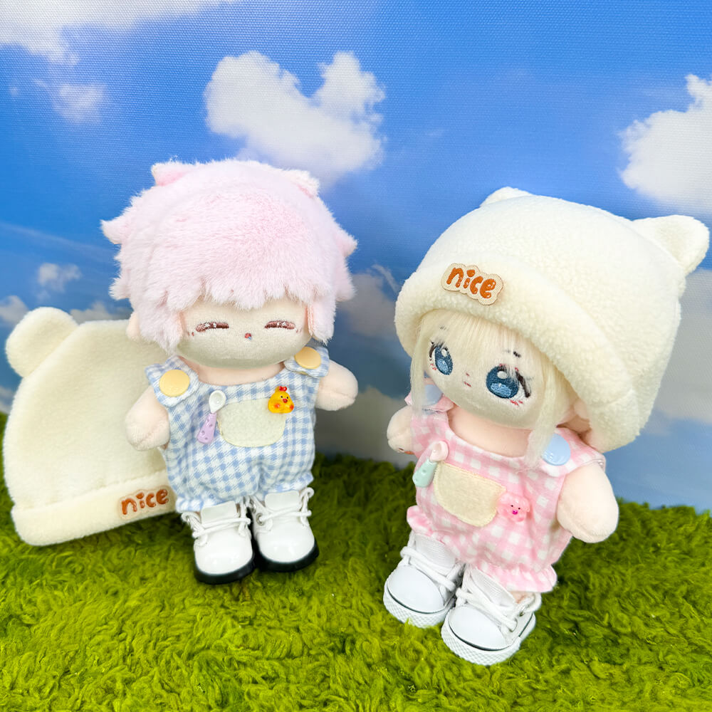 10cm Plush Doll Bear-Ear Beanie & Gingham Overalls 2-Pc | niannyyhouse