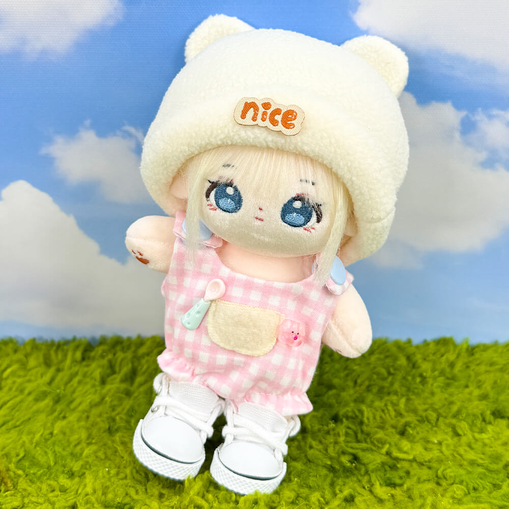 10cm Plush Doll Bear-Ear Beanie & Gingham Overalls 2-Pc | niannyyhouse