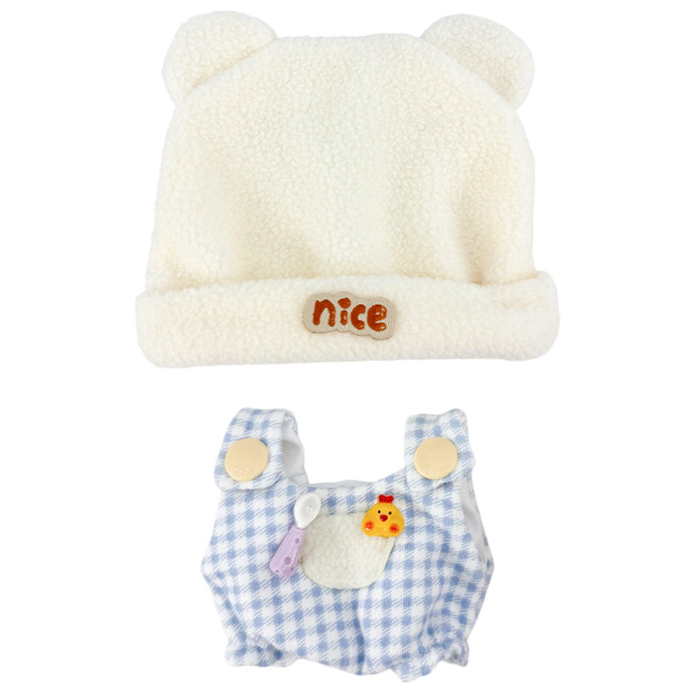 10cm Plush Doll Bear-Ear Beanie & Gingham Overalls 2-Pc | niannyyhouse