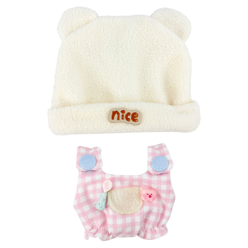10cm Plush Doll Bear-Ear Beanie & Gingham Overalls 2-Pc | niannyyhouse