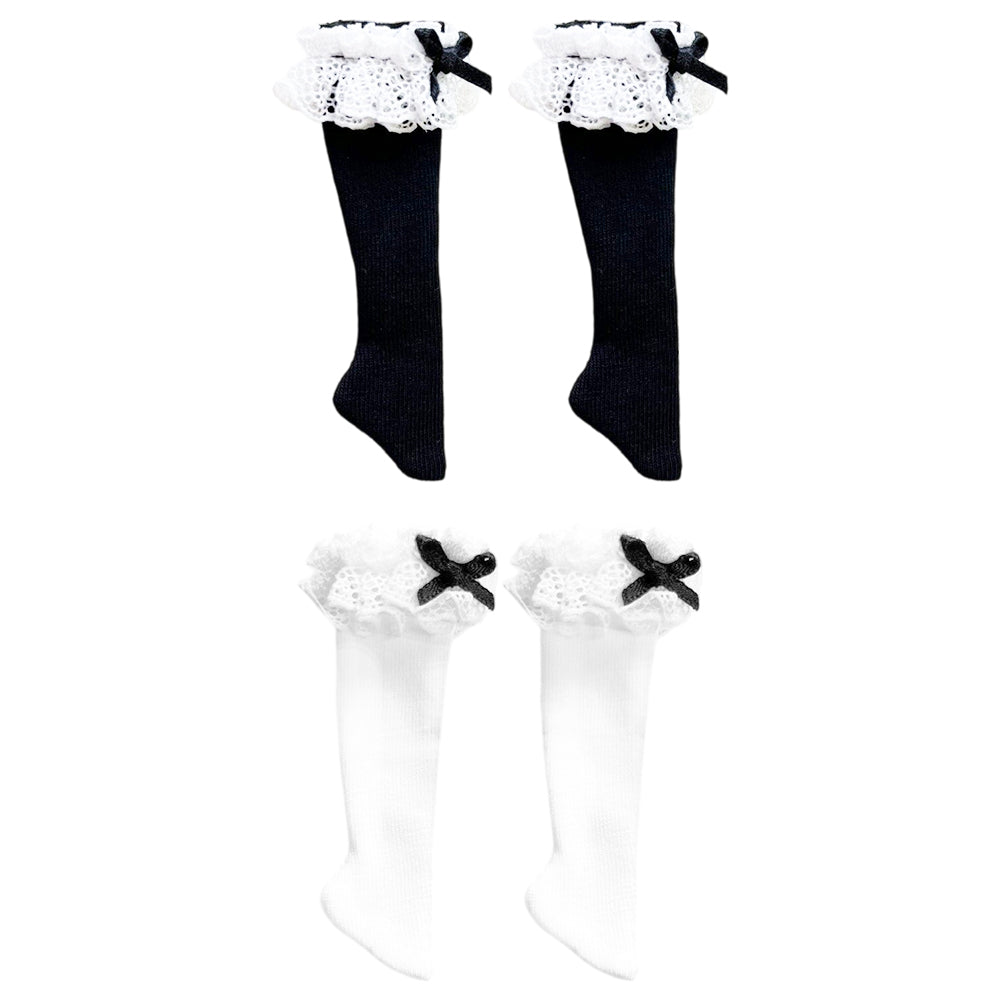 niannyyhouse OB22 OB24 Doll Lace Bow Socks 2-Pair Set (Black & White) - Packaging & Scale Reference | niannyyhouse